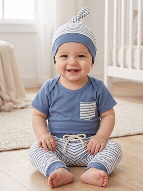 NWT | Sunny Pig 3-Piece Striped Outfit | Onesie, Pants & Hat | 12-18M